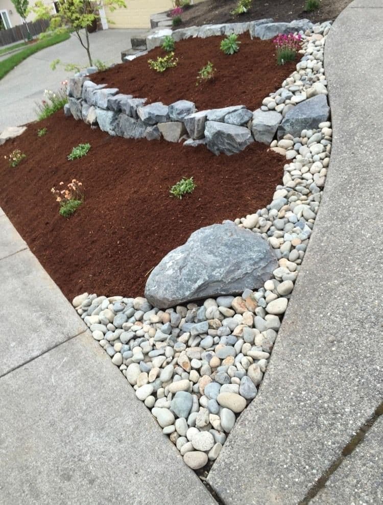 Landscape design with rock border, mulch, and colorful plants in a garden setting.